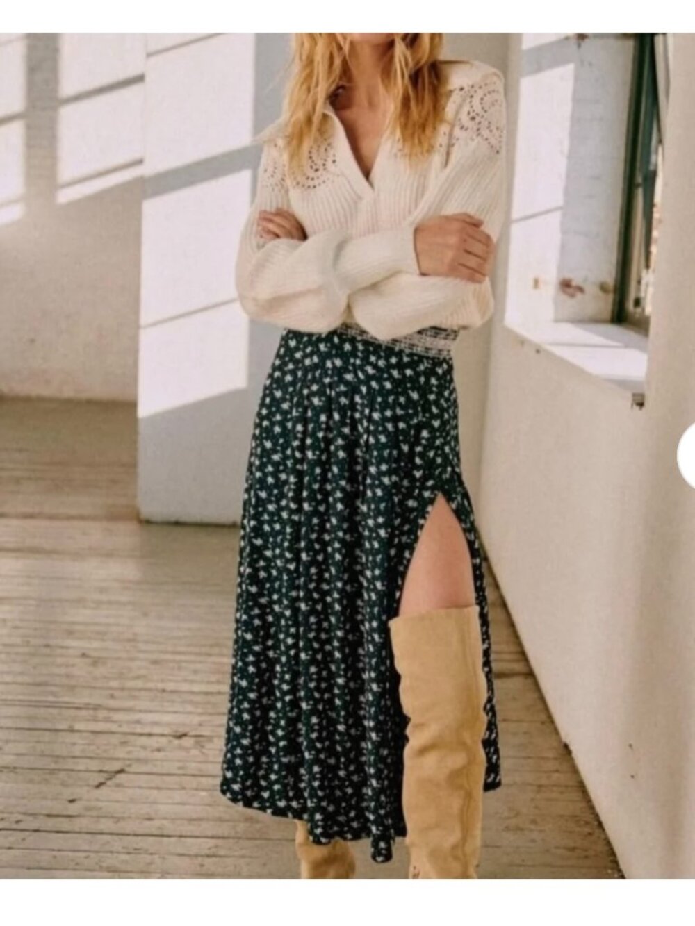 Sezane X Sea New York Alicia Navy and White Pleated Midi Skirt